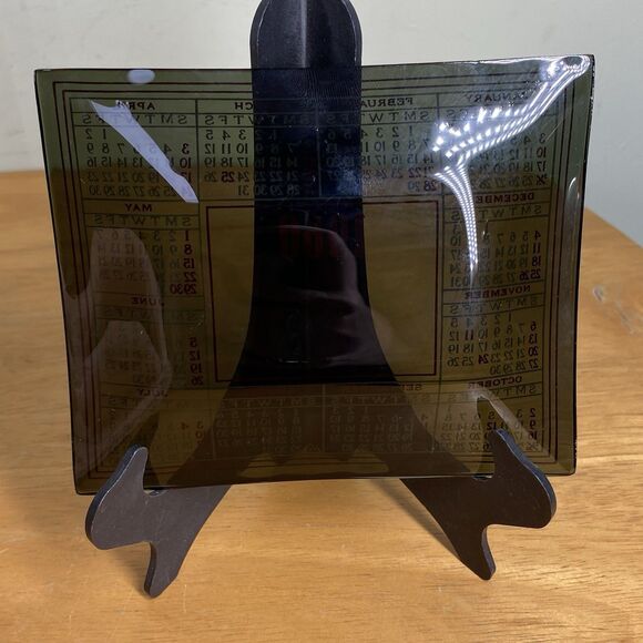 Vintage Mid-Century Modern Square Astray Trinket Tray 1960 Calendar Smokey Glass - Picture 2 of 4